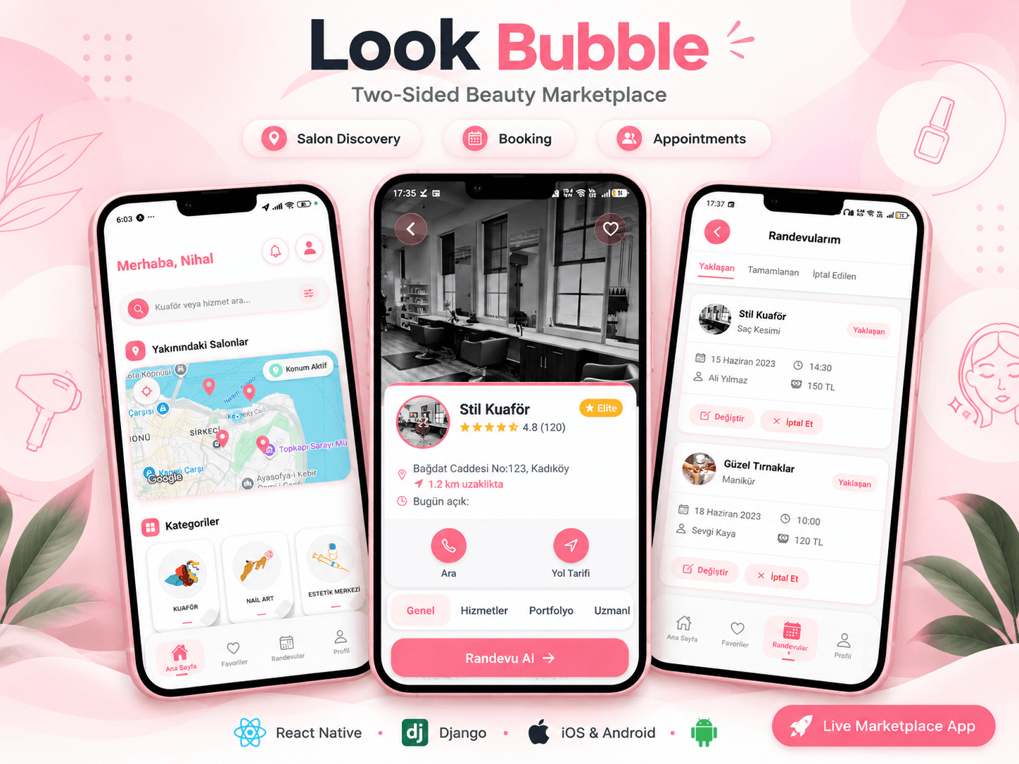 Look Bubble güzellik marketplace ve randevu mobil uygulaması – salon keşfi, işletme profili ve randevu ekranları