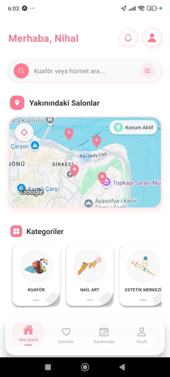 Look Bubble ana ekranı: arama, yakındaki salonlar haritası ve hizmet kategorileri