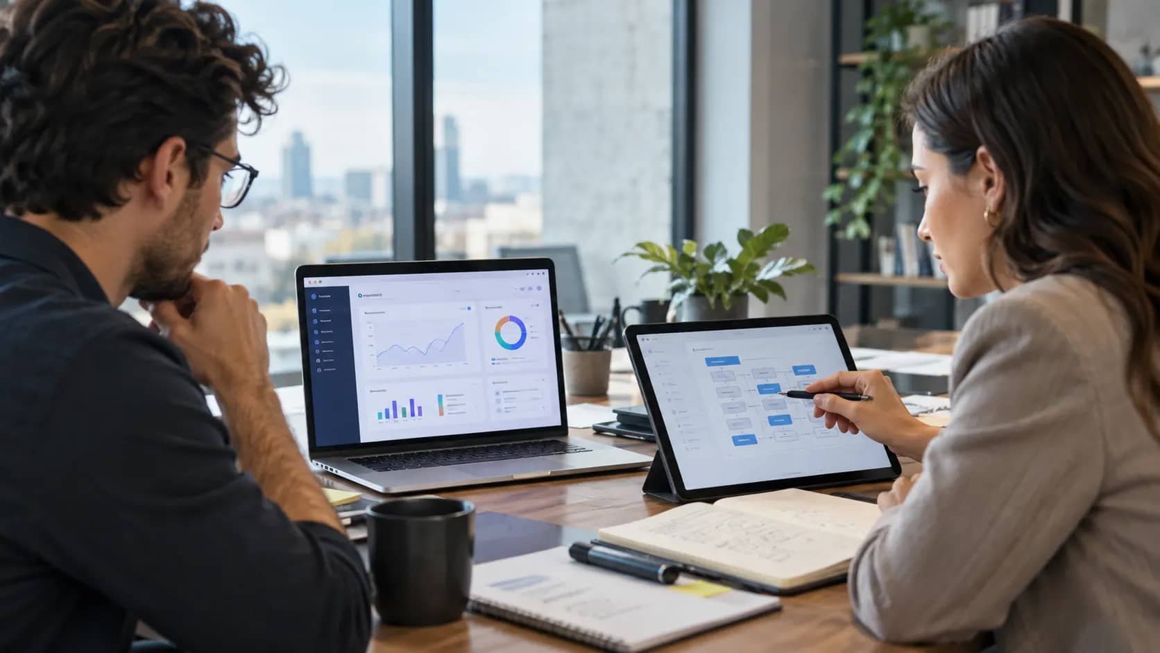 Hazır yazılım ve özel yazılım seçeneklerini değerlendiren iki profesyonelin modern ofis toplantısı